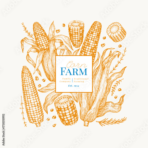 Hand Drawn Vector Sweet Corn Illustration. Not AI Generated. Autumn Seasonal Background. Fall Season Farm Banner. Vintage Harvest Design Template.