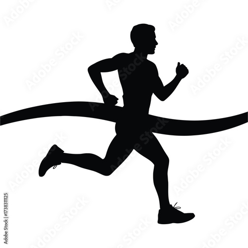 Athletic runner silhouette crossing the finish line victory celebration