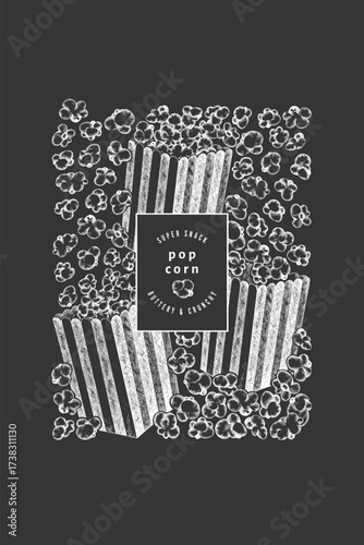 Hand Drawn Vector Pop Corn Illustration. Not AI Generated. Movie Night Chalk Board Background. Old Fashioned American Culture Banner. Vintage Popcorn Design Template.