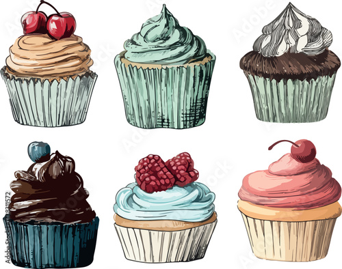 set of hand-drawn colorful vector cupcakes