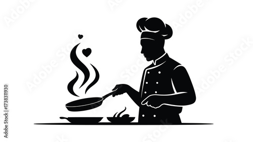 Silhouette of a chef cooking in a kitchen with steam rising from a pan
