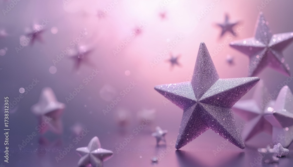 Fototapeta premium Shiny silver stars float on soft violet gradient backdrop. This dreamy background works well for festive decoration, celestial designs, and holiday celebrations. Use this design to add magical touch.