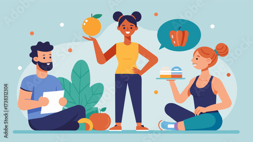 A fitness instructor teaching clients the importance of intuitive eating and listening to their bodys hunger and fullness cues.. Vector illustration