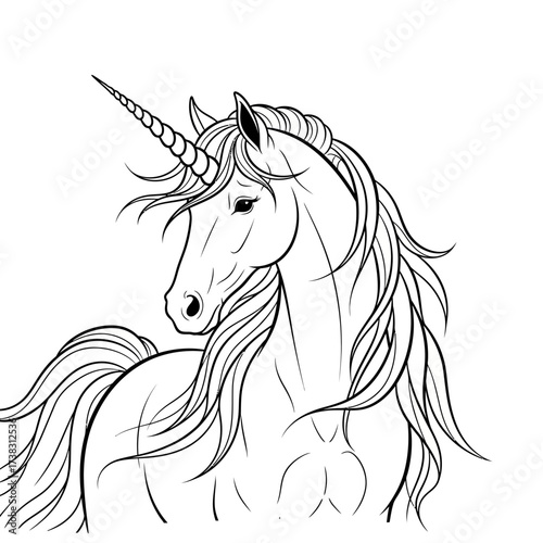Majestic unicorn head line art in detailed black and white sketch, mythical fantasy illustration with flowing mane, elegant horn, isolated on white background artwork.