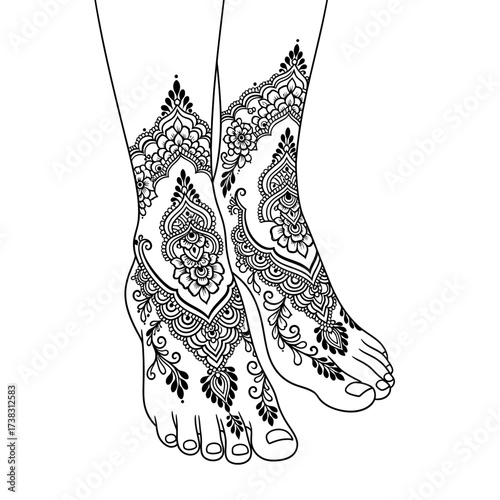 Intricate henna tattoo foot design illustration in detailed black and white line art, traditional mehndi motifs, floral patterns, isolated on white background sketch.