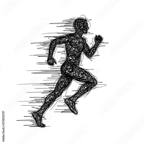 Dynamic runner sketch illustration in scribbled line art style, black and white minimalist drawing, motion, fitness, speed, athletics artwork isolated on white background.