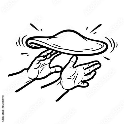 Pizza maker tossing dough sketch artwork culinary line art, food illustration, black and white drawing, restaurant promotional sketch isolated on white background.