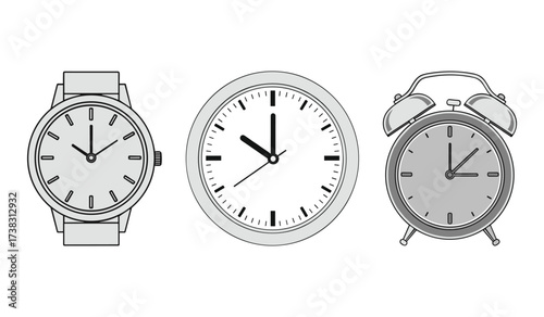Three different types of clocks shown in a row on a white background watch alarm clock