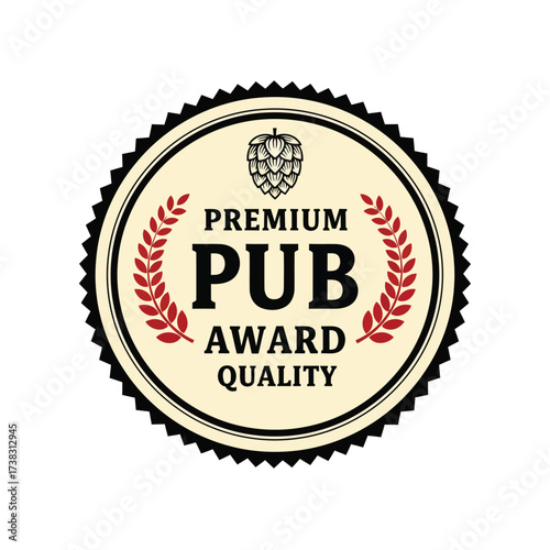 Vector art of premium pub award quality logo featuring a hop icon and laurel wreaths in a circular design with black border