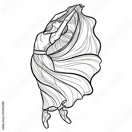 Graceful ballerina in motion illustration flowing fabric sketch, black and white elegant dancer artwork, line art dance drawing isolated on white background design.