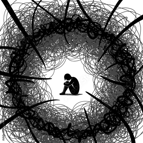 Silhouette of person in fetal position sketch chaotic line art, depression, anxiety, mental health struggles, abstract black and white artwork isolated on white background.