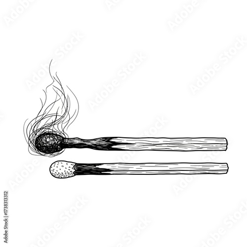 Two matches illustration, one lit with smoke black and white minimalist line art, fire, energy, potential, symbolic conceptual artwork isolated on white background drawing.