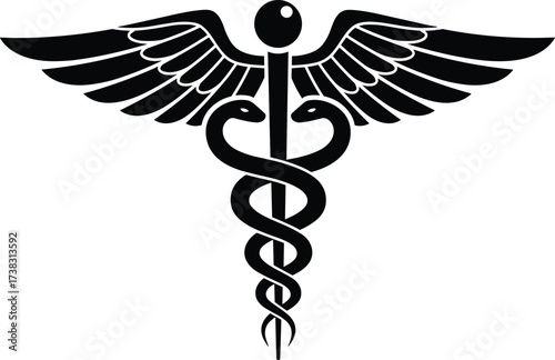 Gold caduceus symbol with wings and two snakes is a common medical icon and pharmacy logo illustration for healthcare and medicine