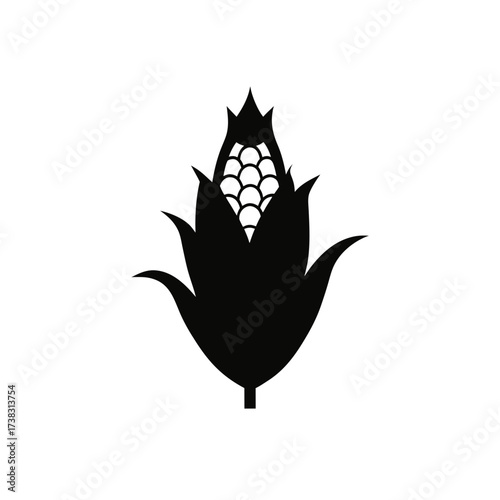 Silhouette of a corn cob with husk leaves on transparent background