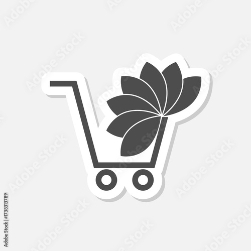 Shopping cart with marijuana or cannabis leaf icon sticker isolated on gray background