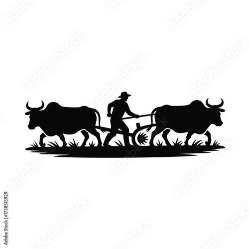 Farmer plowing field silhouette with oxen agricultural scene
