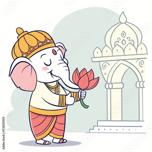  Cute Cartoon Ganesha Elephant God Holding Pink Lotus Flower
