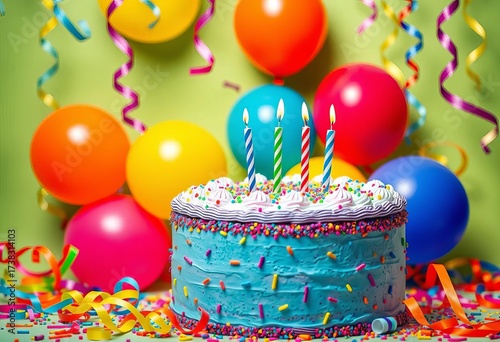 Colorful birthday party supplies, cake, balloons, streamers, confetti,  festive,  party supplies set