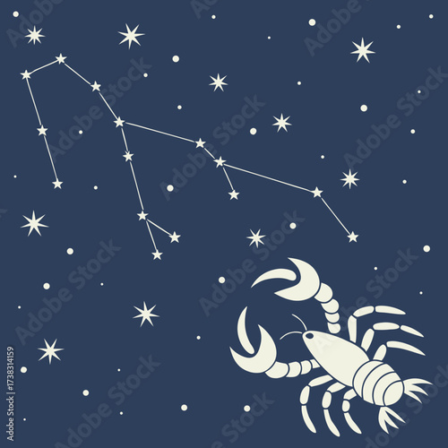 Minimalist Dark Blue Cancer Zodiac Constellation with Crab
