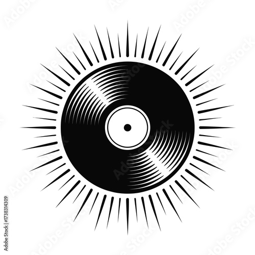Stylized silhouette of a vinyl record radiating sunlight rays