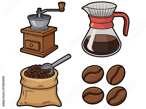 Coffee Preparation Illustration with Grinder Pour Over Bag of Beans and Coffee Beans for Product Design