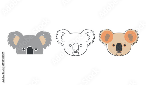 Three koala faces one grey one outline one beige with orange ears animal illustration