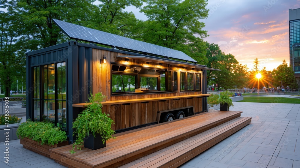 Obraz premium Mobile container café with solar panels at sunset