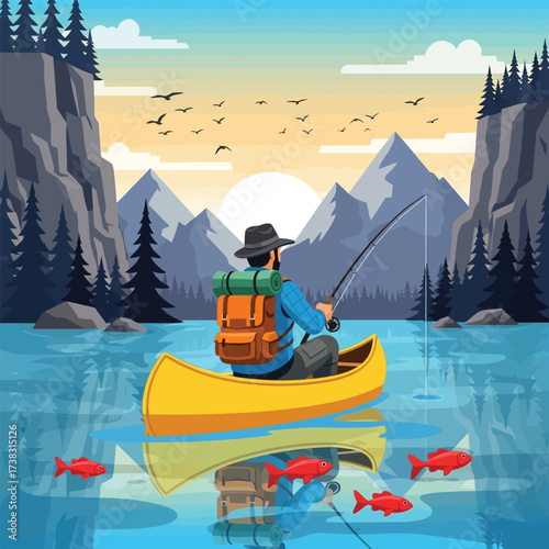 Adventurous angler casts line from yellow canoe on serene lake surrounded by majestic mountains and pine forests at sunrise