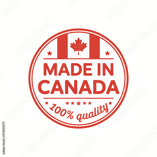 Made in Canada label boasting one hundred percent quality showcasing Canadian flag and maple leaf symbol