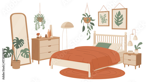 Boho Style Bedroom Interior with Bed Dresser Mirror and Plants for a Cozy and Relaxing Atmosphere