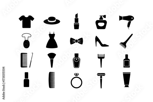 Collection of fashion accessories and beauty products icons representing style grooming and personal care for modern lifestyles