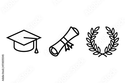 Graduation cap diploma and laurel wreath line icons representing academic achievement and educational success for students and scholars