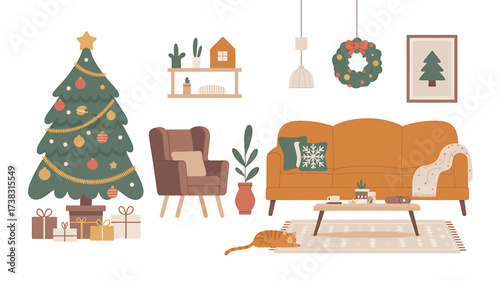 Cozy Christmas Living Room Illustration with Decorated Tree and Cat Relaxing on Rug Happy Holidays