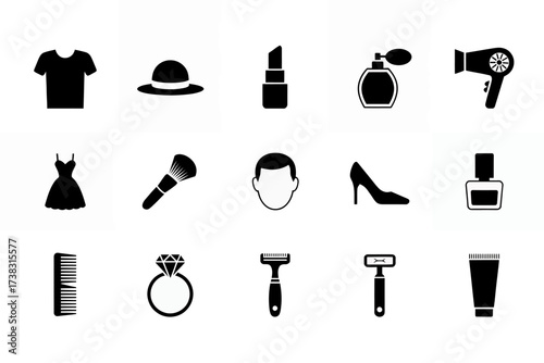Collection of Black and White Beauty Fashion and Personal Care Items Stylish Vector Illustration Template Design for Websites and Marketing
