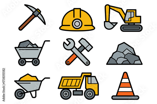 Construction Tools and Equipment Vector Illustration with Hard Hat Excavator Truck and Safety Cone on White Background