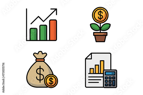 Financial Growth and Investment Icons Depicting Business Success and Economic Development for Investors and Entrepreneurs