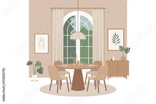 Elegant Dining Room Interior with Round Table and Natural Light Illustration of a Serene and Modern Living Space
