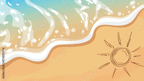 Cartoon Style Ocean Beach Vector Graphic with Gentle Waves and Hand Drawn Sun Perfect for Summer Holiday Designs