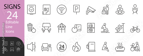 Signs and Symbols line icon set. Contains icons for navigation, facilities, services, and public information. Line vector design for signage, maps, and workflow.