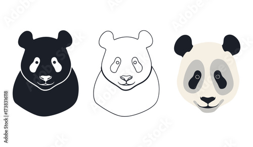 Three panda faces black silhouette outline and color illustration bear animal