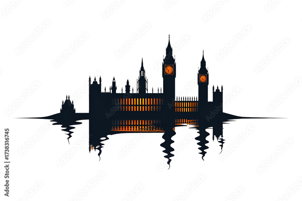 Obraz premium Dramatic silhouette of Westminster Palace reflecting on water, a powerful symbol of London's history and government, perfect for travel and political themes