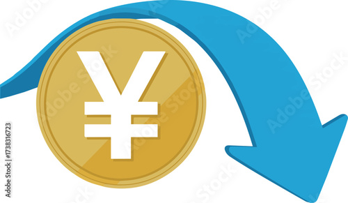 Vector art of yen coin with downward arrow indicating financial loss