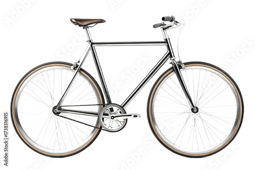 Shiny chrome fixedgear bicycle with brown leather saddle and handlebars, isolated on transparent background