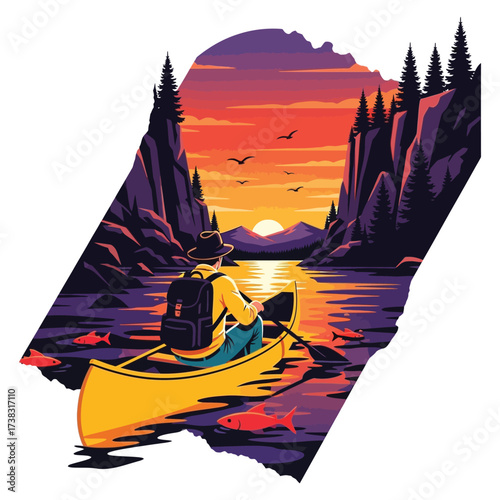Solo adventurer paddles serene lake at vibrant sunset, surrounded by majestic mountains and abundant fish, embracing peaceful nature escape.