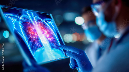 Digital X-ray image of human chest with glowing lungs being examined