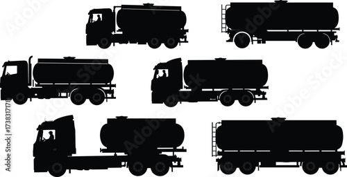 "Set of tanker truck vector silhouettes, industrial transport vehicles collection, fuel and oil logistics illustration for shipping, cargo, petroleum industry design"