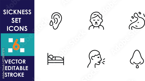 Minimal sickness vector icons showing symptoms like cough, fever, and flu
