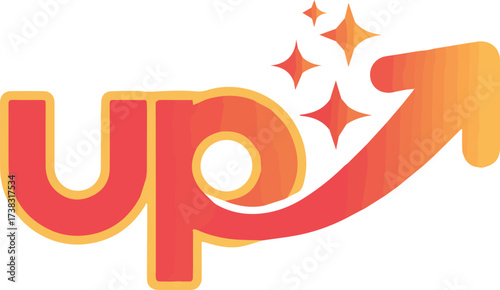 Vector art of orange up text with arrow and stars indicating growth and positive trend