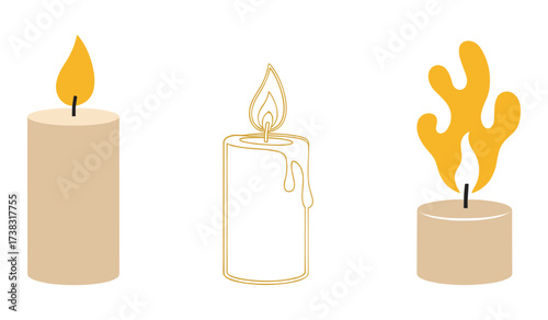 Three stylized candles with yellow and orange flames on white background fire light