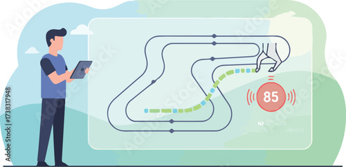 AI Horse Racing Performance and Injury Risk Prediction Vector Illustration. Wide Landscape Trainer Reviewing Race Data